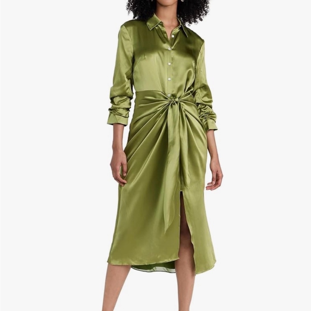 Cinq‎ à Sept Jacey Silk Shirtdress Womens Size 6 Green Moss Tie-Waist Midi Luxe